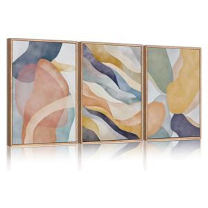 LHIUEM Large Abstract Neutral Framed Canvas Wall Art Set,Colorful Watercolor Block Wall Decor,Boho Geometric Illustrations Artwork for Living Room,Bedroom,Dining Room,Office -16"x24"x3
