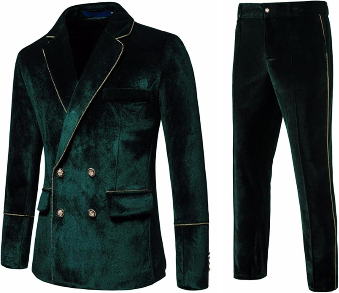 UNINUKOO Mens Suits Velvet 2 Piece Suit Slim Fit Double Breasted Formal Dinner Tuxedo (Order Two Size Up) (44, Dark Green)