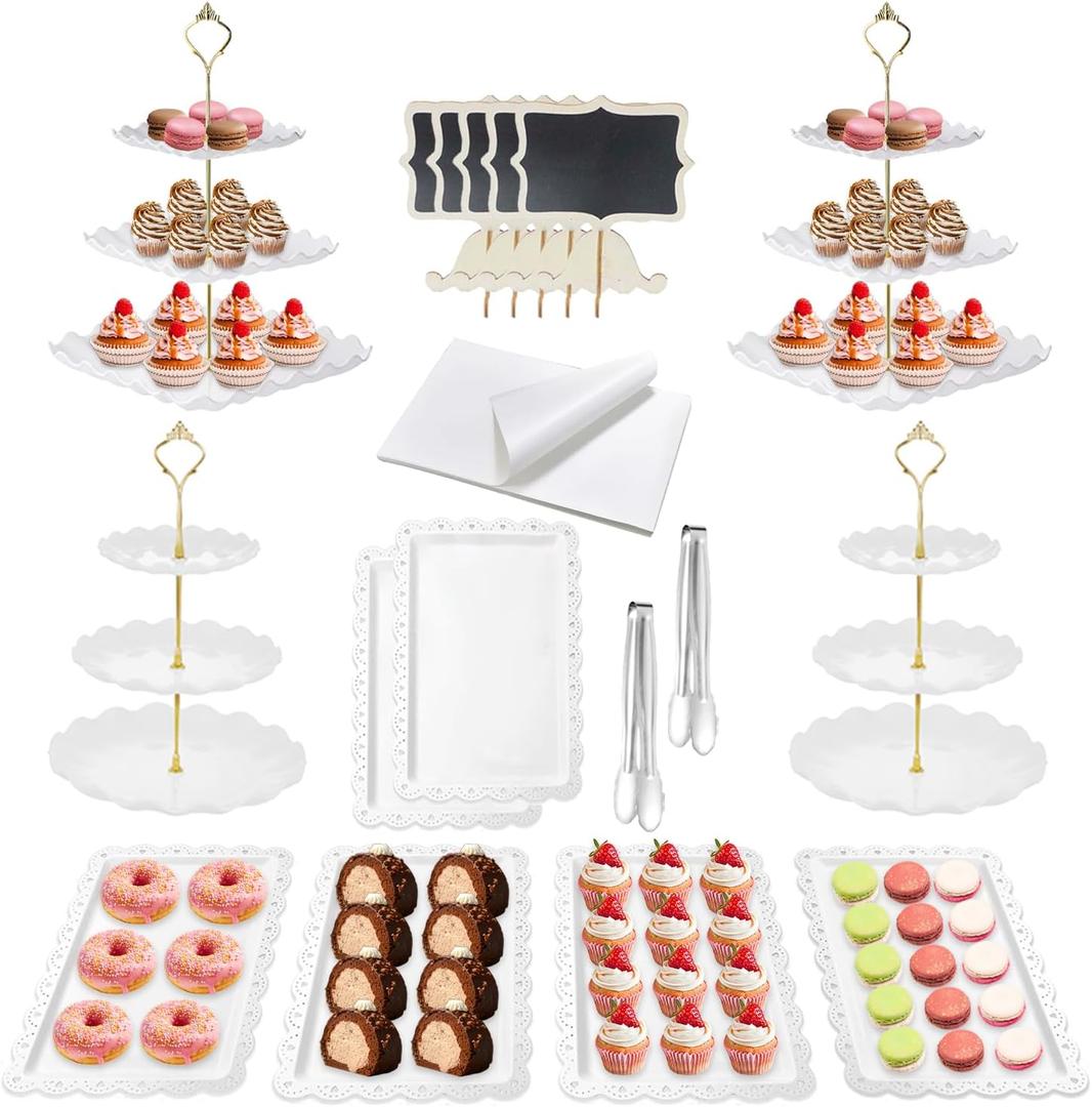 27 Pcs Cake Stand, Dessert Table Display Set, 4 Pcs Tiered Cupcake Stand 5Pcs Chalkboard Signs 6Pcs Serving Tray 10Pcs Baking Paper and 2 Tongs for Tea Party Baby Shower Birthday (Easel-Stand Set)