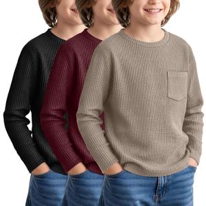 3 Pack Boys Waffle Long Sleeve T-Shirts 13-14 Years Kids Thermal Pocket Crew Neck Tops Youth Fall Warm Shirts Tees (Khaki, Wine Red, Black)