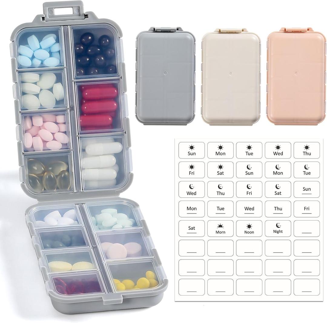 LANDNEOO 14 Grids Pill Organizer Box with Labels, Travel Medication Holder Dispenser Case Kit, Pocket Daily Pharmacy Container for Fish Oil Vitamin Supplement Storage, Khaki Pink Grey, 3 Pack
