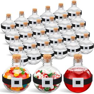 Baderke 48 Pcs 3.4oz Plastic Potion Bottles with Cork & Santa Claus Felt Belt, Round Christmas Candy Jars Ball Shape Bottles for Drink Christmas Gifts Table Decoration DIY Crafts