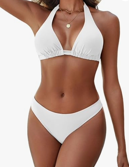 Women's Bikini Sets Halter Triangle Swimsuit 2 Piece Bathing Suit, White, Size M