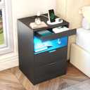 Gadroad Night Stand, LED Nightstand with Charging Station, Wood Bedside Table, End Table Sofa Couch Side Table with Pull-Out Shelf, Black, 13.78 inches x 15.75 inches x 23.62 inches