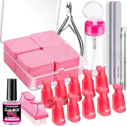 FANDAMEI Gel Nail Polish Remover Tools Kit with Nail Soak Off Clips, Lint Free Nail Wipes, Polish Remover Bottle, Cuticle Nippers, Pusher, Peeler. Cuticle Oil. Nail Files and Buffers, Nail Removal Kit