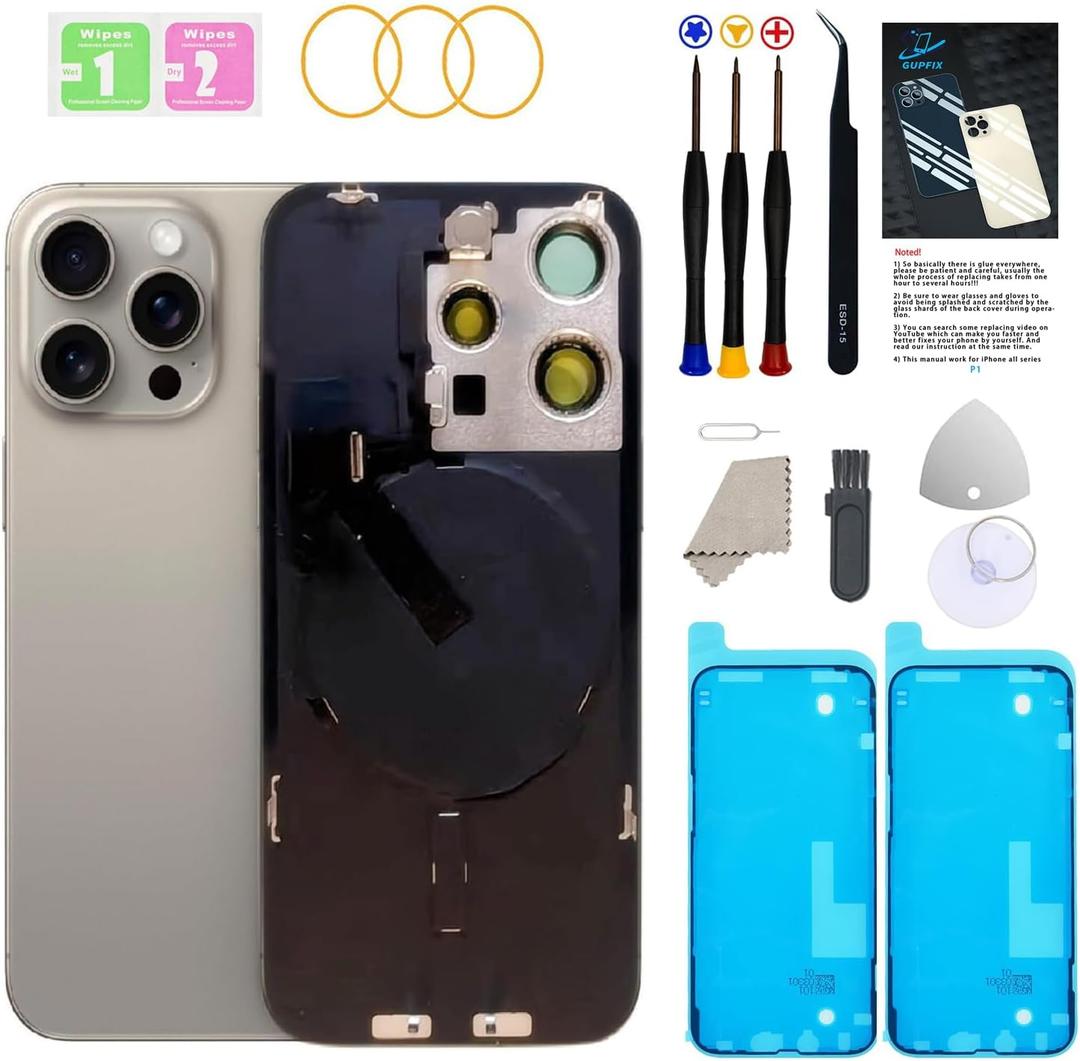Back Glass Replacement for iPhone 15Pro Max with Repir Tools, Big Hole Rear Back Cover Glass Replacement All Carriers with Pre-Installed Adhesive and Repairing Tool Kits