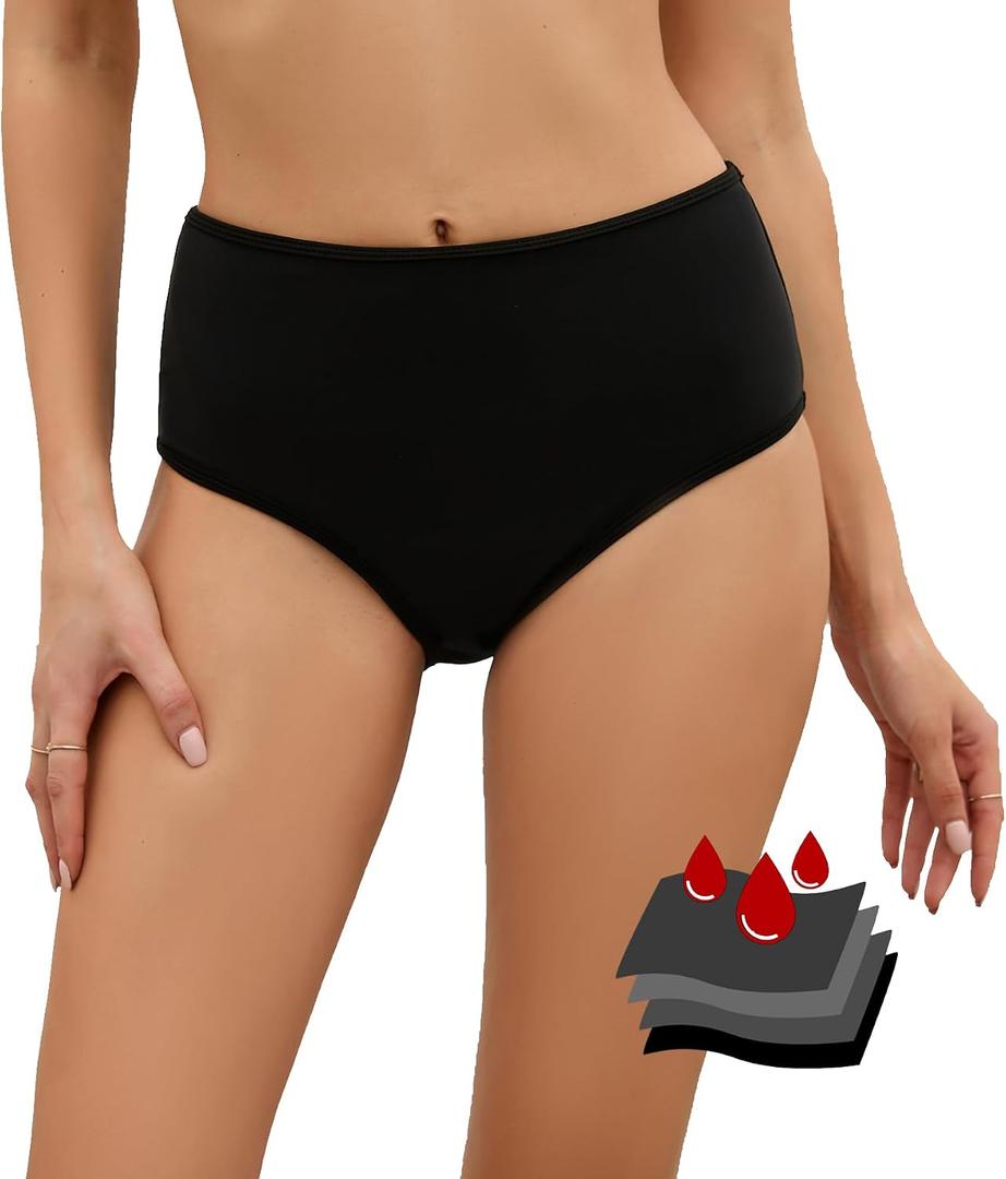 Leoparts Period Swimwear Leakproof Bikini Bottoms Black High Waisted Coverage Swimsuit Bottom for Girls Teens Women, Small