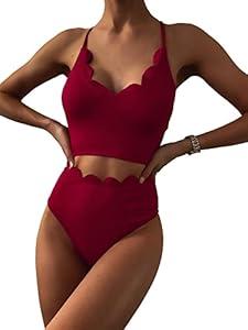 ZAFUL Scalloped Swimsuits for Women High Waisted Bikini Sets Padded Tummy Control 2 Piece Swimwears (Medium)