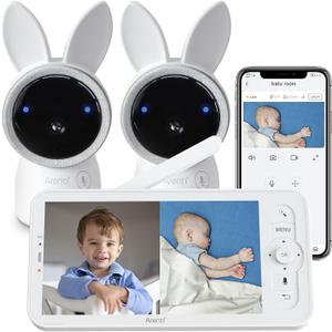 ARENTI Baby Monitor with 2 Cameras, 2K Smart Baby Camera with 5'' Upgraded Wireless Display, Super Night Vision, Breathing Light, Lullabies, Cry&Motion Detection, Temp&Humidity Sensor, 2 Way Audio
