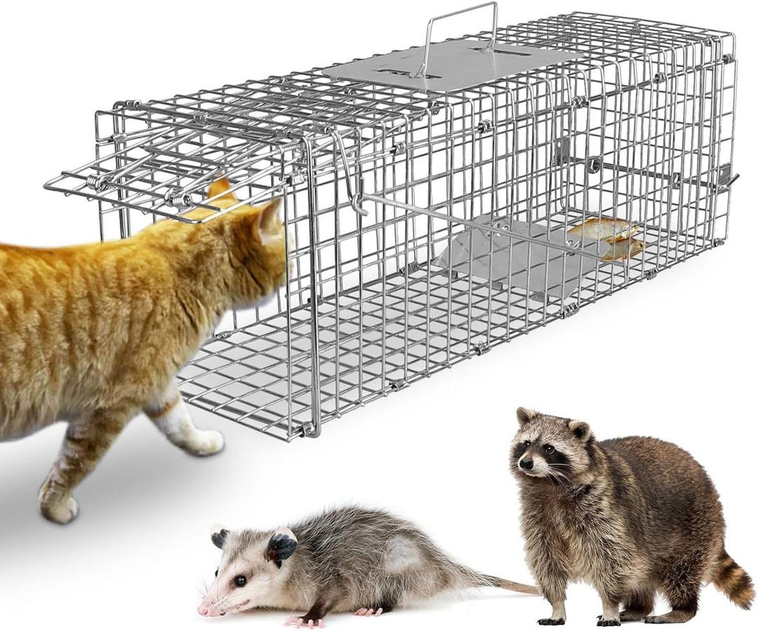 Live Animal Cage Trap 23.5" x 7.7" x 7.2" Collapsible Humane Live Animal Cage Trap, Humane Live Trap Cage for Small Size Stray Cat, Raccoon, Rabbits, Groundhog, Squirrel, Mole, Chipmunk (Under 4.4lbs)