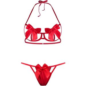 Sexy Womens Exotic Lingerie Sets, Bow Tie Hot Cute Teddy 2 Piece Lingerie Set Holiday Lingerie (Large, Red)
