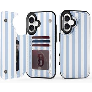TopPerfekt for iPhone 17 Wallet Case with Card Holder, Military-Grade Drop Protection, Flip PU Leather Built, Double Magnetic Clasp and Durable Shockproof for iP17 6.3 Inch Cover - Stripes Blue White
