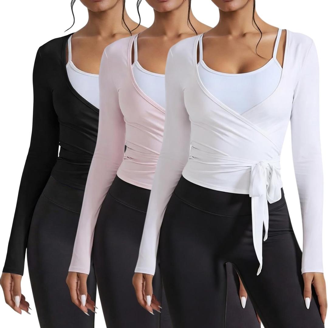 3 Pack Women Ballet Pilates Wrap Tops Y2K Workout Yoga Shirts Dance Long Sleeve Tie Front Crop Tops Small