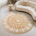 Carvapet Faux Jute Round Rug 5ft Jute-Like Pattern Design Washable Low Pile Area Rug with Non-Slip Rubber Backing, Soft Natural Look Decorative Circle Carpet for Living Room