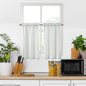 ZJDECOR Cotton Blended Tiers Cafe Panels 45 Inches Long,Green Vertical Stripe on White Light Filtering Fabric,Small Window Curtain for Bathroom Living Room,Rod Pocket,27"Wx45"L(Pack of 2),Green/White