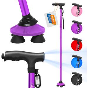 Folding Walking Cane with LED Light,Pivoting Quad Base,Adjustable Walking Stick with Carrying Bag for Men/Women