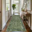 2.6x8 Green Vintage Washable Runner Rugs for Hallway Kitchen Boho Hallway Carpet Low Pile Non-Slip Retro Distressed Accent Throw Rug for Entryway Bathroom Bedroom Green