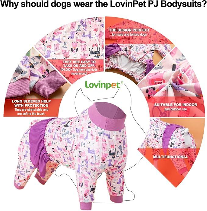 LovinPet Large Dog Onesies, High Collar Cotton Dog Bodysuit, UV Protection, Post Surgery Comfort Clothes, Lightweight Light Pink Baby Elephant Print, Pitbull Clothes, Undershirt for Dog Dresses, M, Pink/Purple