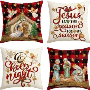 AVOIN colorlife Christmas O Holy Night Jesus Cardinal Buffalo Plaid Throw Pillow Covers, 20 x 20 Inch Christmas Saying Winter Holiday Cushion Case Decoration for Sofa Couch Set of 4