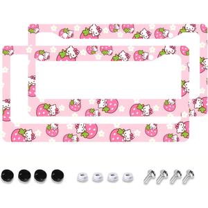 2 Pcs Pink License Plate Frame Women Cute Strawberry Cat Car License Plate Frames Kawaii Car Tag Cover Holder Universal Us Standard Vehicles Car Decor Accessories (One Size)