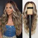 AISI HAIR Brown Balayage Blonde Wig for Women, Long Wavy Lace Hairline Middle Part Synthetic Heat Resistant Wig for Daily Party-26 Inch