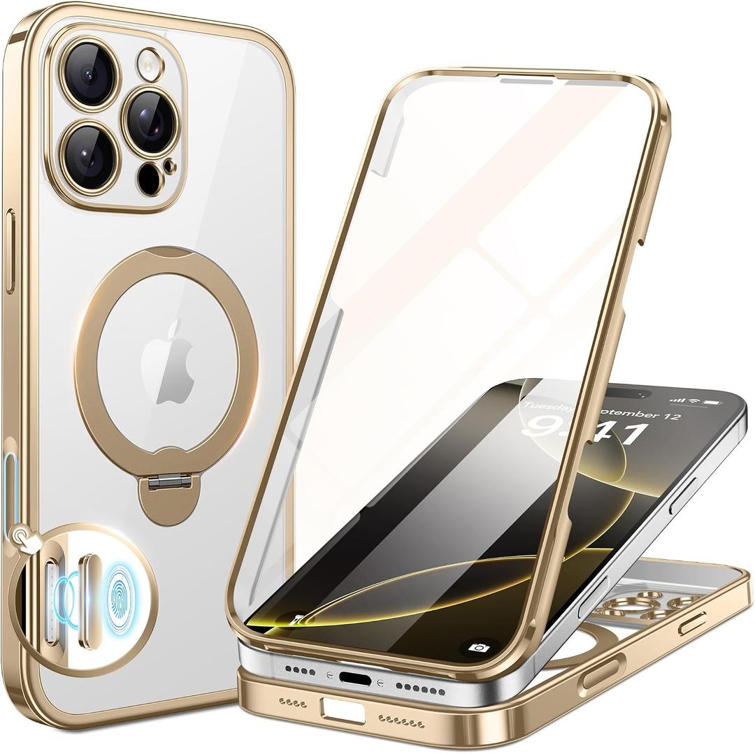 BERFY for iPhone 16 Pro Max Case, Compatible with MagSafe, Built-in Glass Screen Protector, Shockproof Full Body Phone Case for 16 Pro Max with Magnetic Stand, Clear Gold