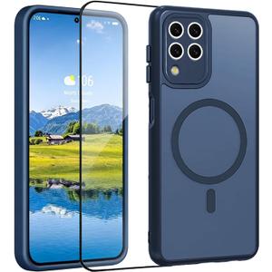 Magnetic for Samsung Galaxy A12 Phone Case with Screen Protector, Translucent Matte Military-Grade Shockproof Protective Anti-Scratch Full Camera Protection Cover Case for Galaxy A12 (Blue)