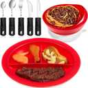 Maxcheck 7 Pcs Spill Proof Scoop Bowl and Partitioned Plate Set with Suction Base and Adaptive Utensils Set Non Slip Weighted Angled Silverware Adaptive Self Feeding Dinnerware for Elderly Disabled