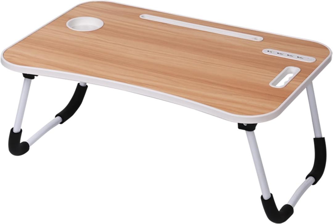 Lap Desk - Foldable Lap Desk with Storage Drawer, Cup Holder & Tablet Slot & DC USB Ports, Versatile Bed Desk, Bed Tray, (23.6" L x 15.7" W x 10.6" H, Brown) (Brown Woodgrain)