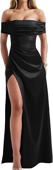 Memoriesea Women's Elegant Off Shoulder High Split Bodycon Evening Wedding Maxi Dress, S, Black