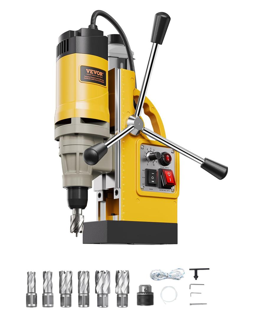 VEVOR Magnetic Drill, 1450W Motor 2 in Boring Diameter, 2878 lbf Electric Mag Drill Press, with 6 Coring Bits, Variable Speed, Drilling Machine for Metal Surface, Home Improvement Industry, Yellow
