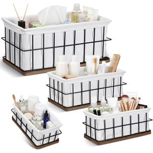 4 Pack Metal Basket with Liner Wooden Bottom Bathroom Baskets Organizer Multiple Sizes Wire Storage Rustic Farmhouse Decor for Home Kitchen Toilet Cabinets Pantry Laundry Room