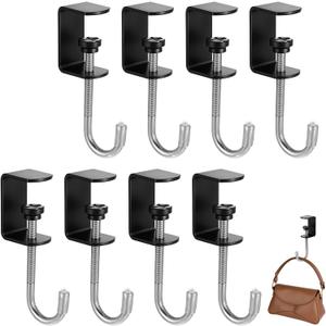 cobee Clamp-On Under Desk Hooks, Desk Mount Hanging Bag Holder Metal Hook Adjustable Headphones Clamp Organizer Portable Purse Hanger Clip Reduce Desk Clutter Table Desk Under Counter (8 Pcs, Black)