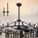 Farmhouse Chandelier Ceiling Fan with Light and Remote, 16-Lights Large Wagon Wheel Fandelier with Candle for Living Room,Rustic Black Fan with Big Light Fixture for Loft, 44 inch/16-lights