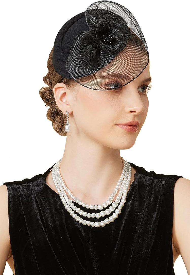 BABEYOND Fascinators Hats for Women - Tea Party Hat Kentucky Fascinator Derby Flower Mesh Pillbox Hat for Bridal Wedding (Black)
