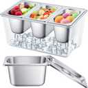3 Containers Ice Chilled Condiment Caddy 30.5 oz Stainless Steel Serving Dish with Lids (3.75 Cup) for Bar Cold Accessories, Hummus, Fruit, Salad, Sauces, Restaurant Serving Party Supply