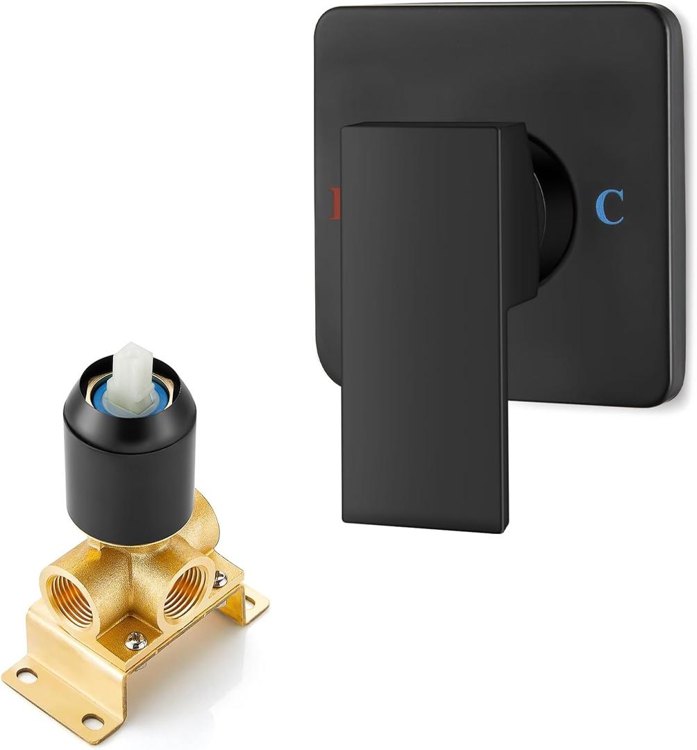 Heyalan Bathroom Shower Valve Mixer Single-Function Single Handle Trim Kit Wall Mount Brass Faucet Shower Rough-In Valve Female Thread,Square,Matte Black