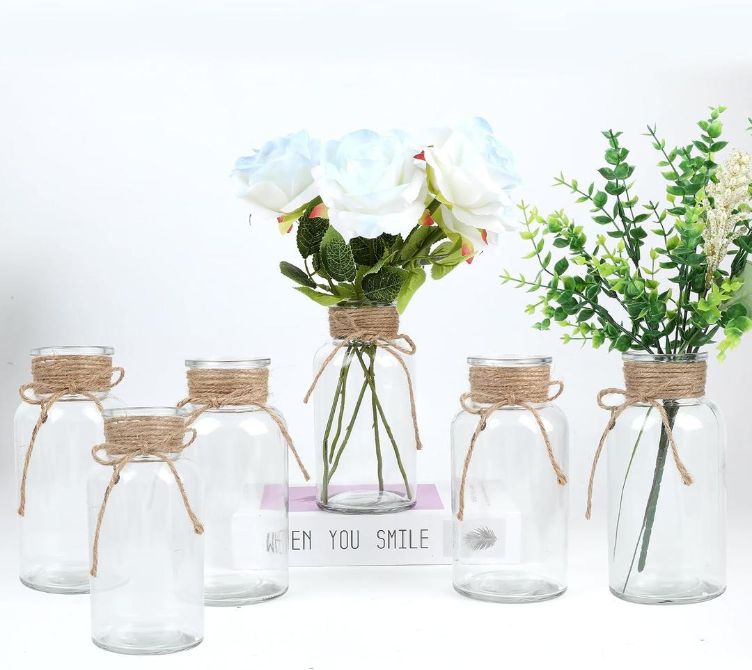 Vintage Glass Flower Vase, Farmhouse Glass Centerpiece Vases Mason Jars for Weddings, Parties & Home Decor Bulk (6, Transparent)