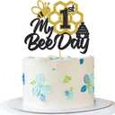 My 1st Bee Day Cake Topper - Bee Theme Baby Shower Party Cake Supplies - Happy Bee Day - Baby 1st Birthday Party Decoration - Black Glitter