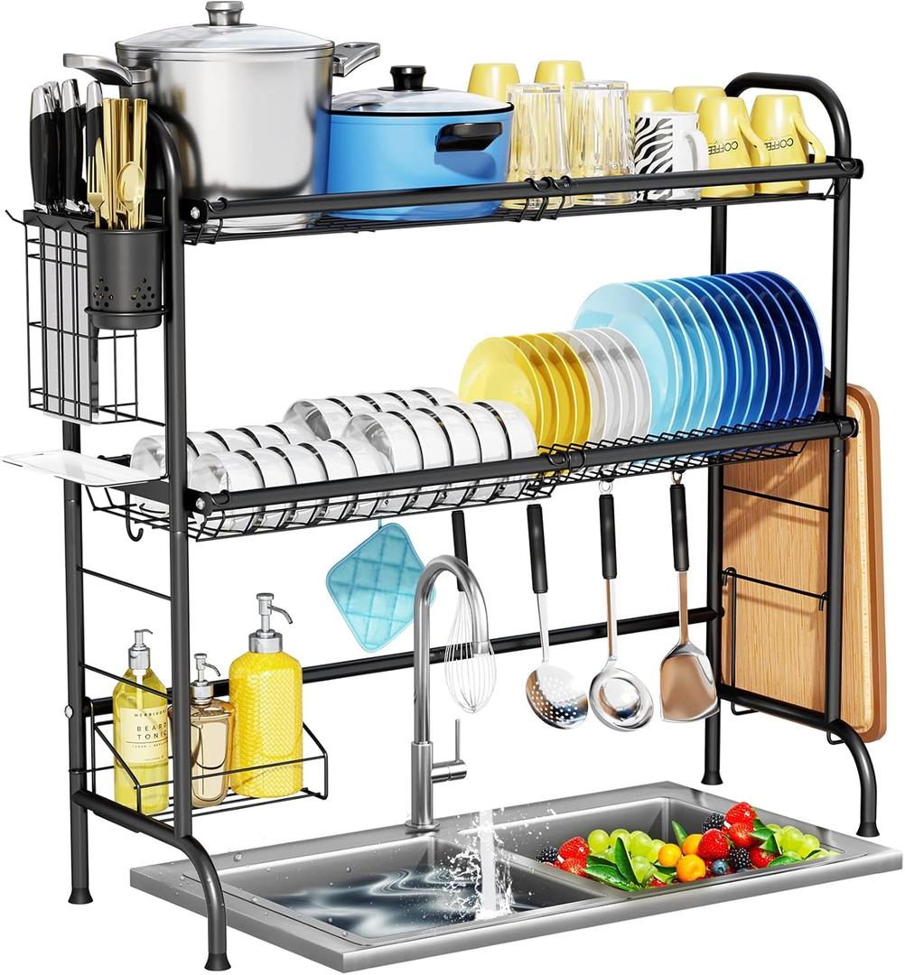 HOWDIA 3-Tier Over The Sink Dish Drying Rack,Stainless Steel Dish Rack with Cutlery Holder & Chopping Board Rack, 33.9 x 11.4 x 32.3 for Maximum Kitchen StorageBlack