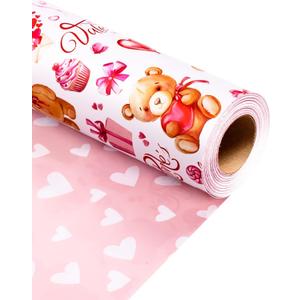 MAYPLUSS Valentines Day Wrapping Paper, Pink Heart Wrap Paper Cute Bear Gift Wrapping Roll for Girl Anniversaries Romantic Celebration, 17 in x 33ft