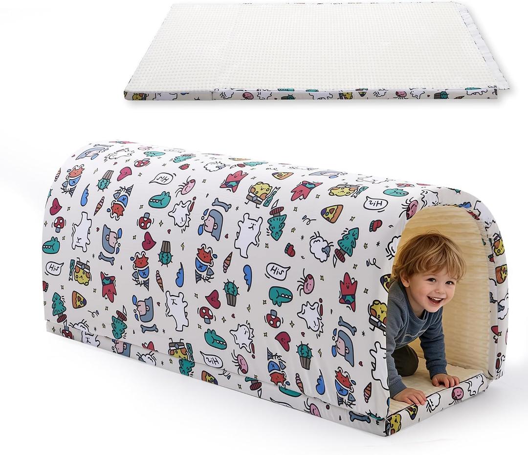 2-in-1 Kids Play Tunnel & Foldable Sensory Play Mat, 79" x 59" Large Soft Play Crawling Tunnel for Toddlers, Montessori Sensory Tunnel & Gym Mat for Active Play, Daycare & Sensory Rooms, Cream