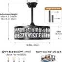 Black Caged Ceiling Fan with Light and Remote 19 Inch Modern Crystal Fandelier Ceiling Fan with Light Semi Flush Mount Farmhouse Chandelier Fan Light for Bedroom Kitchen Living Room, Small