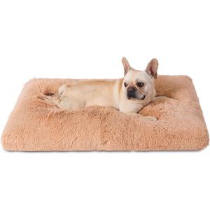 Bedfolks Waterproof Dog Crate Bed,Plush Dog Bed with Removable Washable Cover,Faux Fur Dog Crate Pad for Large Dogs,Fluffy Dog Kennel Bed 35"x23",Solid Camel