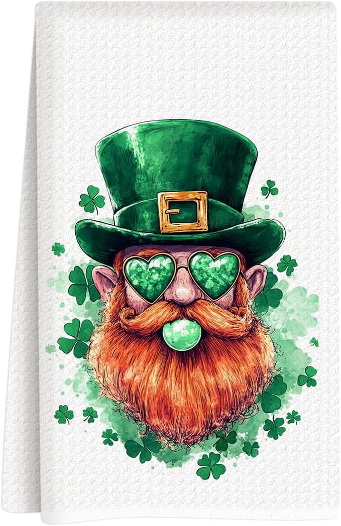 St Patricks Day Kitchen Towels, St Patricks Day Leprechaun Decorations, Shamrock Decorations, Retro Leprechaun Blowing Bubble Hand Towels for Spring Seasonal Home Kitchen Bathroom 16x24 Inch