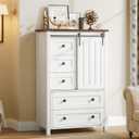 GarveeHome Farmhouse 5 Drawer Dresser for Bedroom, 48 in Tall Wood Dresser Chest of Drawer with Sliding Barn Door, Adjustable Shelf, Storage Organizer for Bedroom, Hallway, Living Room, Kitchen, White