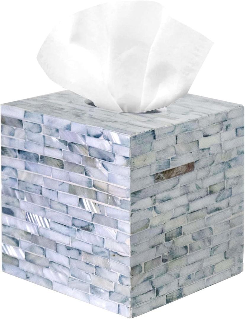 PEMAR Mother of Pearl Inlay Decorative Tissue Holder - Handcrafted Wooden Tissue Box Cover for Small Cube Tissue Boxes Only (Max Inner Size 4.7) for Bathroom, Living Room & Office (Blue)