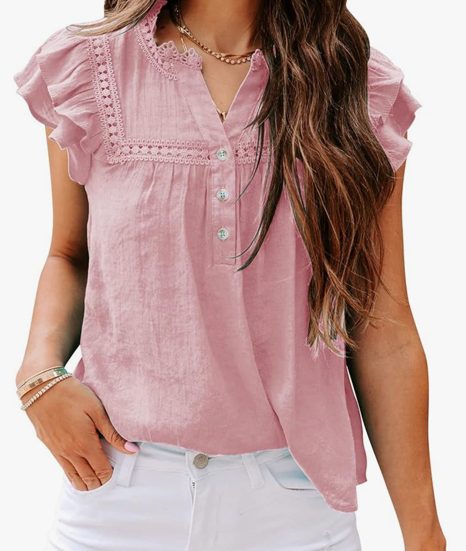 PRETTODAY Women's V Neck Lace Crochet Shirts Button Down Short Sleeve Casual Blouse Tops, Small