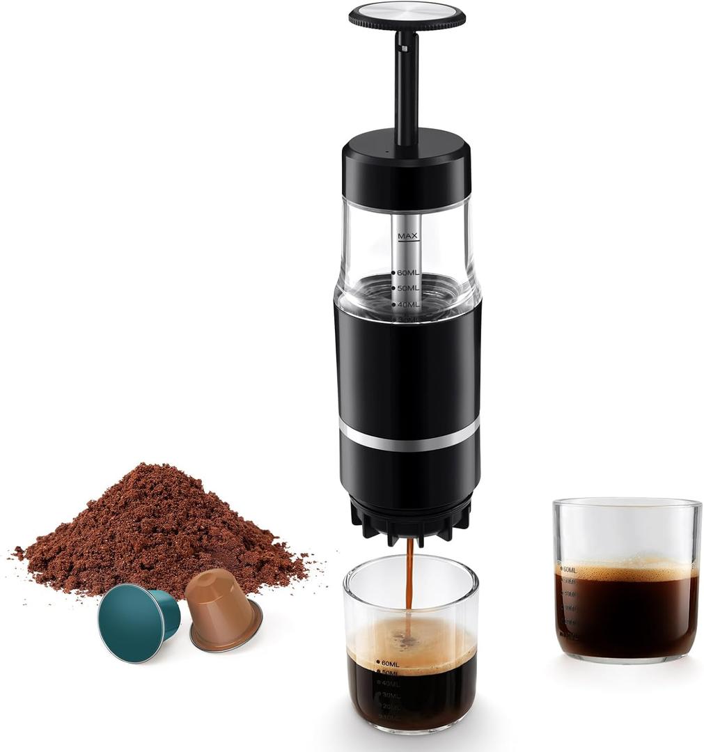 Portable Coffee Maker for Travel & Camping, Travel Lightweight Coffee Machines, Manually Operated, Compatible with Ground Coffee & NS Capsule Black