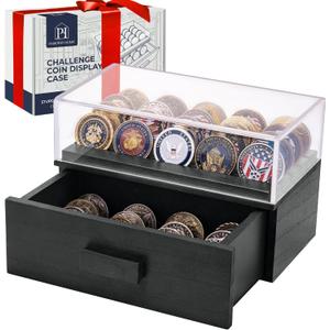 Black Wooden Challenge Coin Display Case with Clear Cover - Medium Military Coin Display Case Holds 20 Coins on Top & 16 in The Storage Drawer - Versatile Coin Stand Holder & Poker Chip Display Case